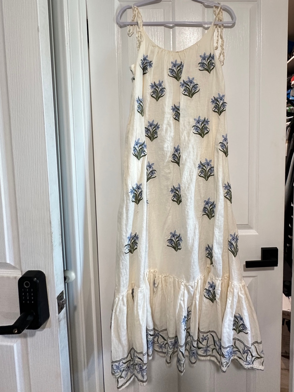 Agua by Agua Bendita Cream Maxi Dress with Blue Floral Embroidery